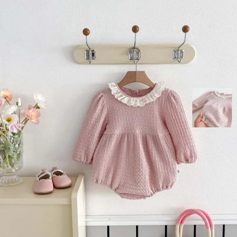 

2025 Spring Autumn New Baby Girl Pink Doll Collar Romper Clothes Girls Long Sleeve Lovely Bodysuit Jumpsuit 0-2 Years Old