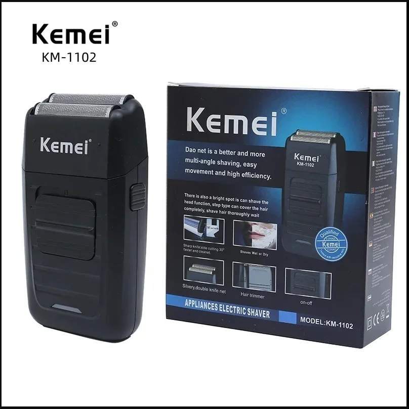Kemei KM-1102 портативная перезаряжаемая беспроводная мужская электробритва, профессиональная бритва с двойным лезвием и возвратно-поступательным лезвием