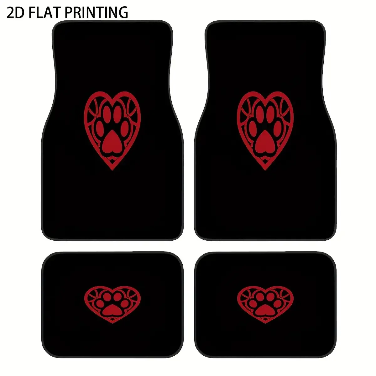 4pcs Set Black Base Red Double Claw Heart Pattern Printed Car Floor Mats Universal Material All-Season Universal Car Interior Pr