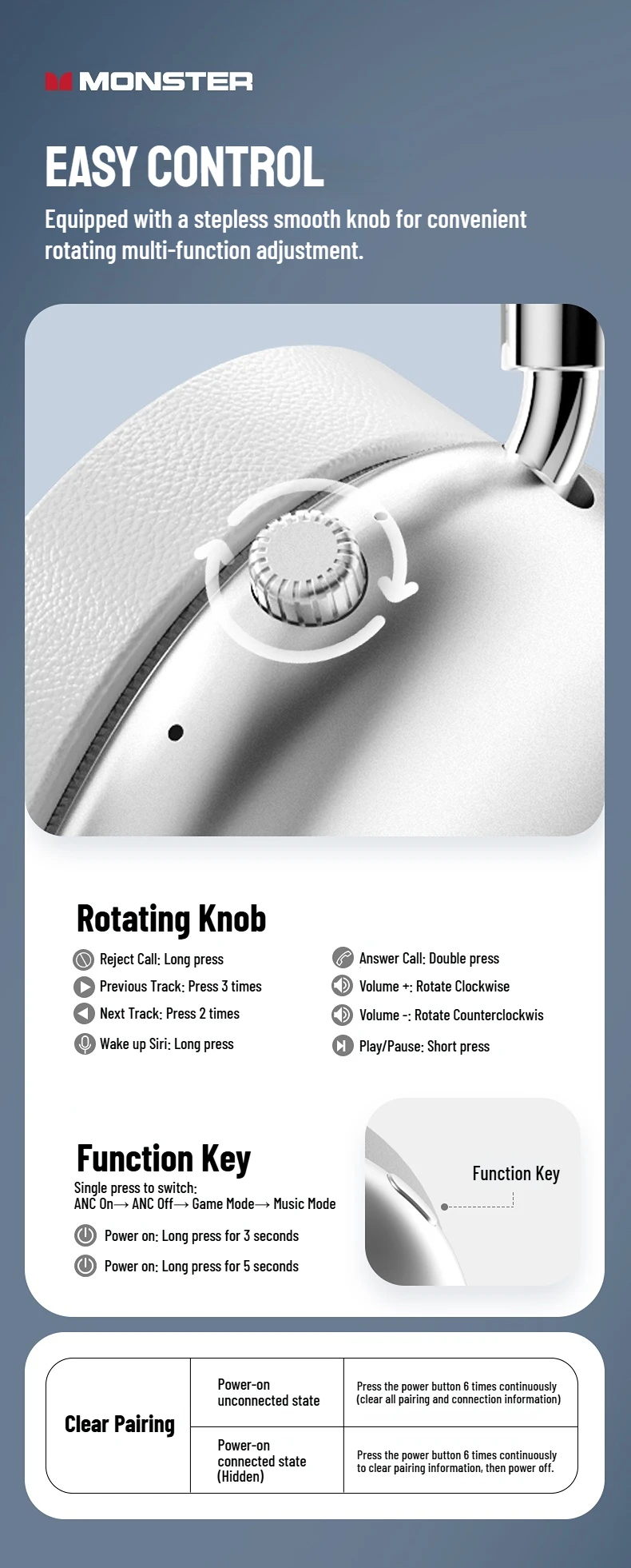 Monster Airstar AH100 ANC Bluetooth 6.0 Over-Ear-Kopfhörer mit aktiver Geräuschunterdrückung -45 dB, kraftvoller Bass, kabelloses/kabelgebundenes Headset – Detail 12