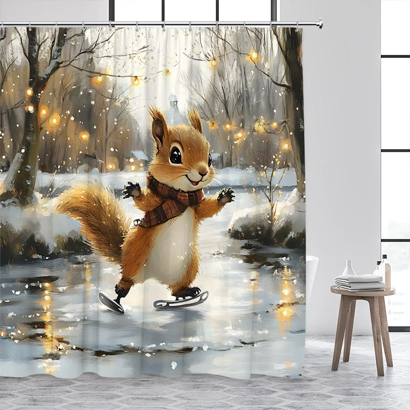 Funny Squirrel Ice Skating Shower Curtain Snow Animal Winter Forest Landscape Bath Curtains Fabric Bathroom Decor with Hooks