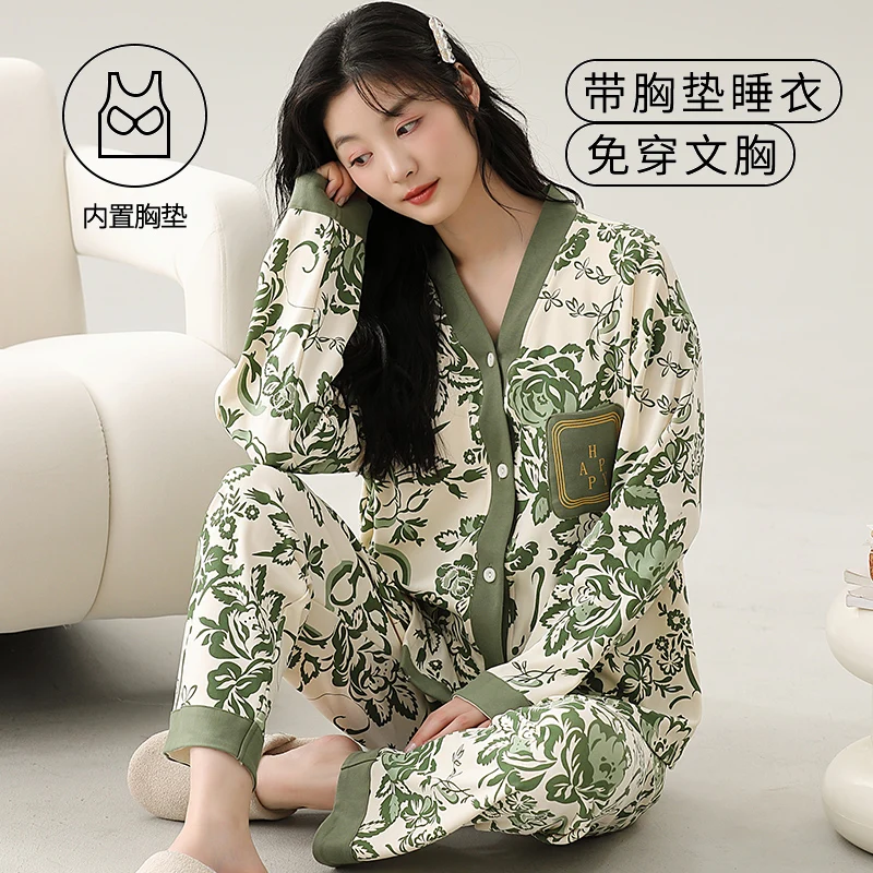 With Bra Pad M-3XL Women Cotton Pajama Spring Kimono Style Cardigan Sleepwear Korean Pijamas Plus Size Nightwear Long Pjs