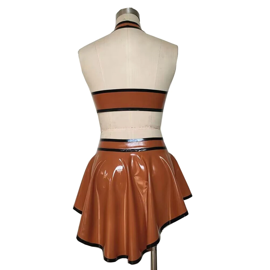 Sexy Brown and Black Latex Men Women Gummi Unique Rubber Bra and Skirt Cheerleading Uniform Handmade Costumes RLD306