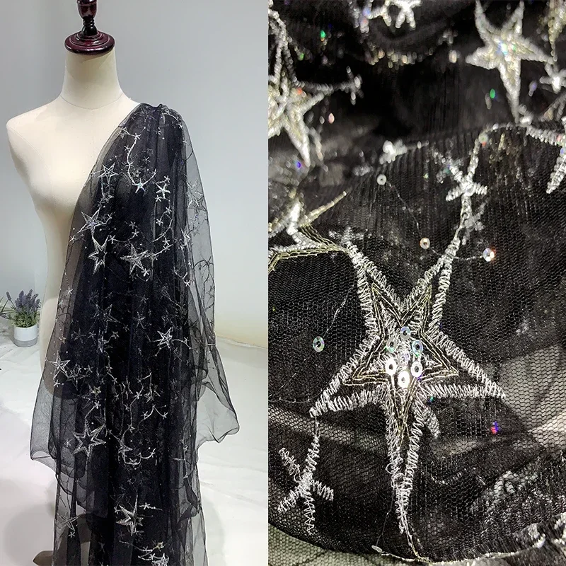 

Embroidered Sequin Mesh Fabric Black Gradient Soft Yarn Designer Dress Stage Fashion Background Cloth Diy Sewing By The Meter