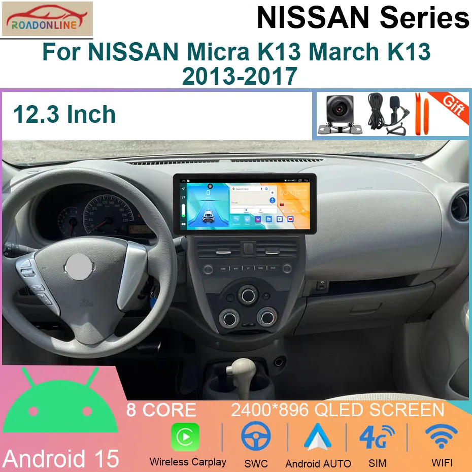 

12.3INCH Android 15 Carplay Car Radio For NISSAN Micra K13 March K13 2013-2017 GPS 4G Player WIFI Navigation BT