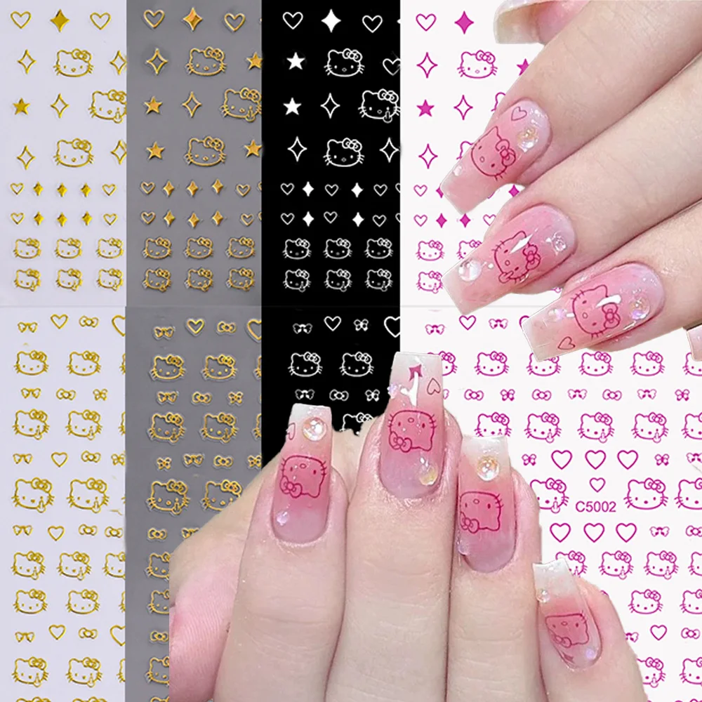 Autocollants pour ongles Hello Kitty 3D, dessin animé japonais KT, mignon, chat, nœud, cœur, étoile, colle arrière, manucure, 14 feuilles