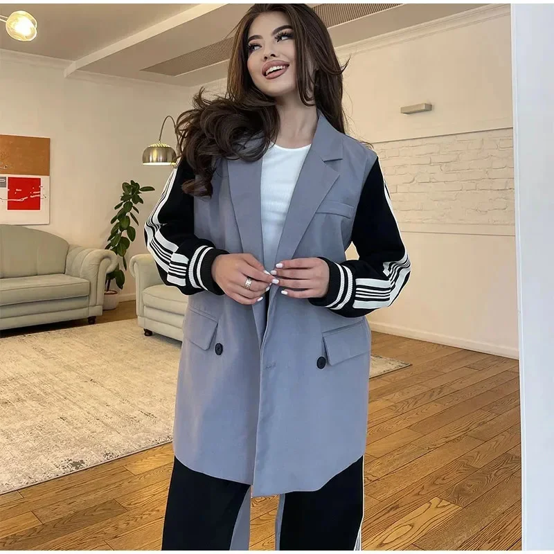 Casual Patchwork Blazer Pants Set Women Long Sleeve Double Breasted Coat Top Wide Leg Trousers 2024 Autumn Fashion Lady Outfits