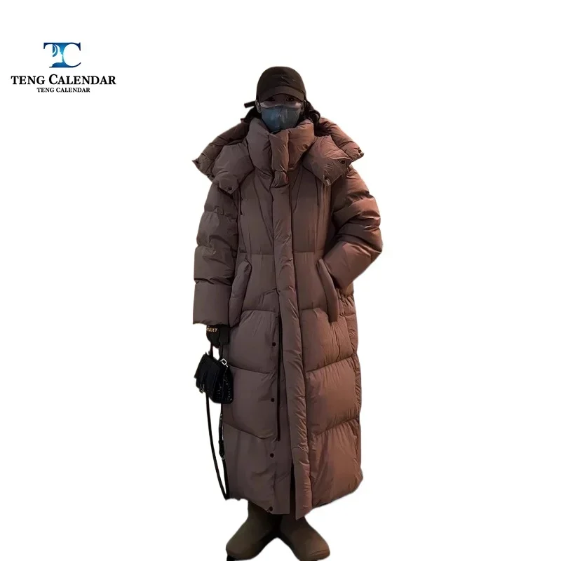 Fashionable Down Jacket, Medium To Long Thick Hooded Knee High Korean White Duck Down Jacket, Women's 2024 Winter New Style