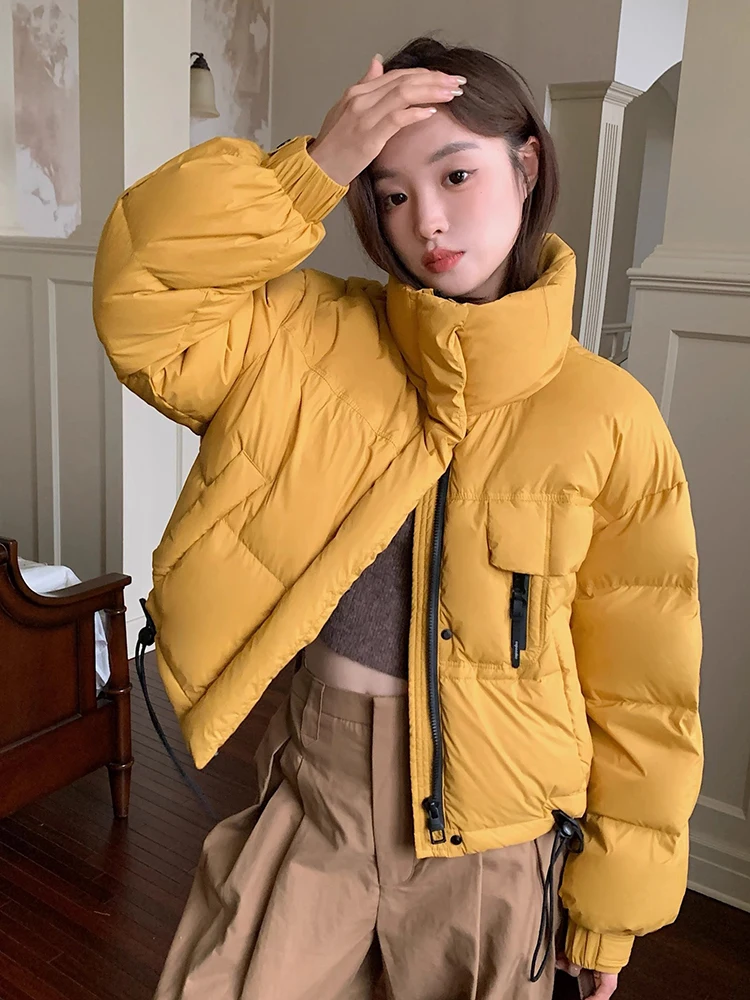 

Winter Stand Collar Puffy Parkas Women Thick Warm Vintage Long Sleeve Cotton Coat Korean Preppy Style Casual Loose Yellow Jacket