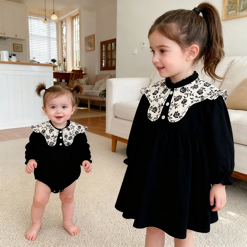 2026 New Spring Sisters Clothes Embroidery Baby Girl Romper Kids Princess Dress Long Sleeved Cotton Party 0-6Y Children Dress