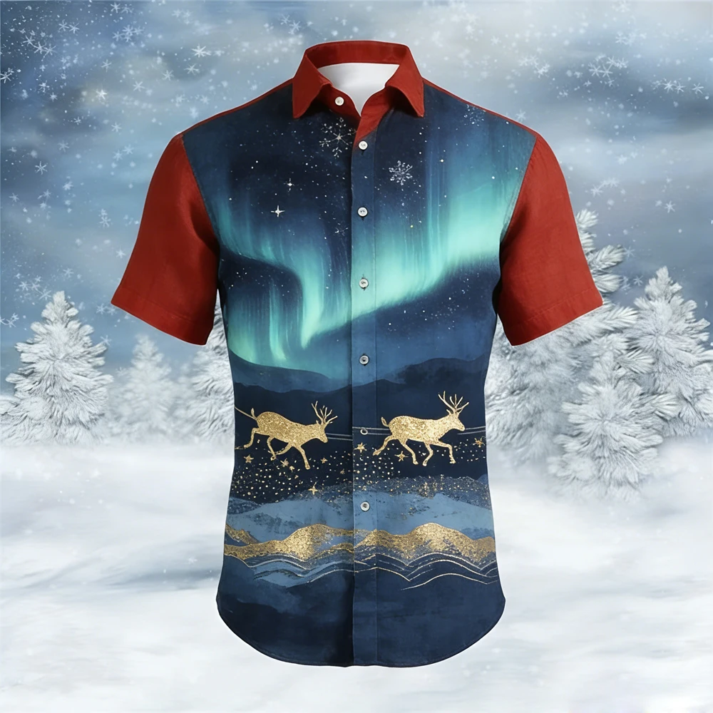 Men's brilliant white Christmas Northern Lights 3D printed shirt short-sleeved Hawaiian vacation casual outdoor clothes tops for