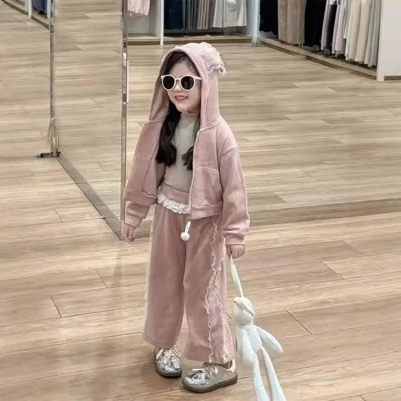 جديد 2025 مع قلنسوة للفتيات سراويل واسعة الساق مكونة من قطعتين معطف ربيع الخريف للأطفال من الدانتيل مع آذان أرنب ملابس حلوة لطيفة #6