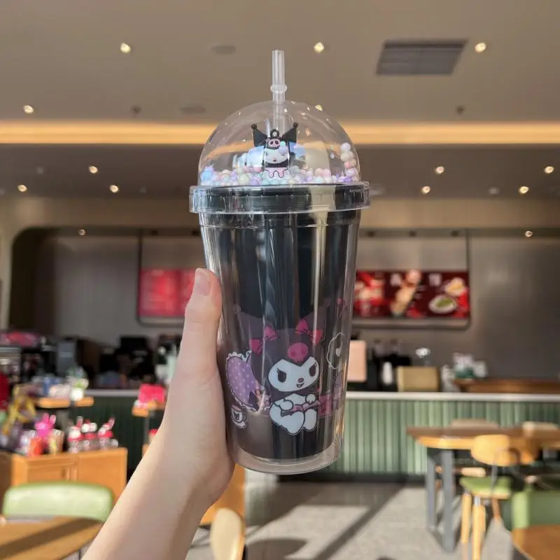 Anime Sanrio Wasser flasche Hallo Kitty Melodie Kuromi Cinna moroll Doppels chicht Plastik becher tragbare Sport becher Mädchen Geburtstags geschenke