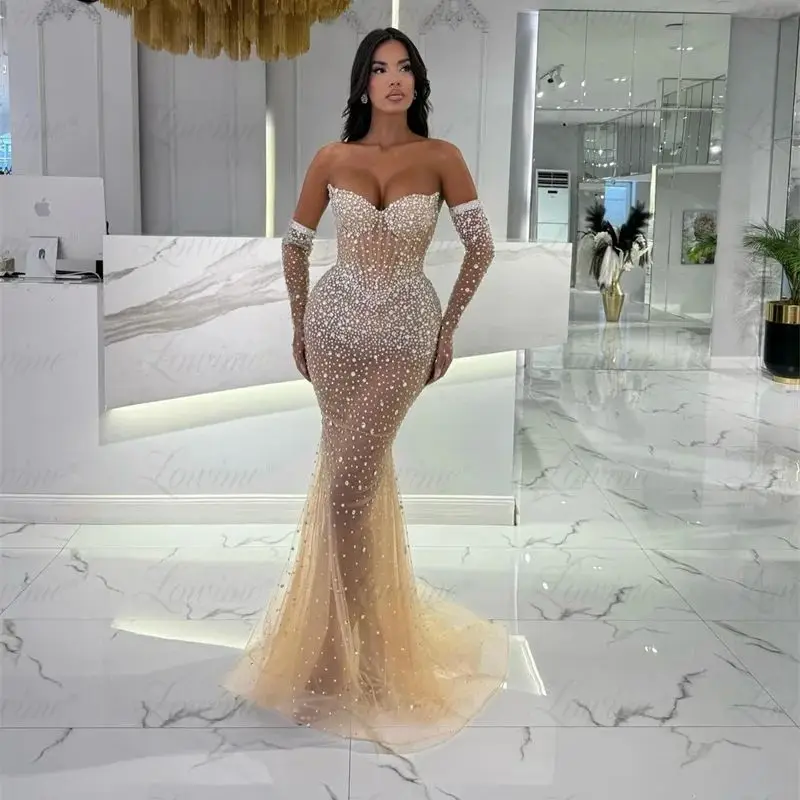 

Champagne Evening Dress With Gloves Full Crystals Mermaid Celebrity Dresses 2024 Arabic Birthday Engagement Gowns Dress Robe