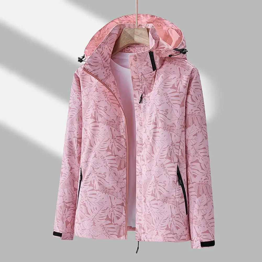 Chaqueta cortavientos con estampado de hojas para mujer, abrigo impermeable de una sola capa, de manga larga, con capucha y bolsillos con cremallera