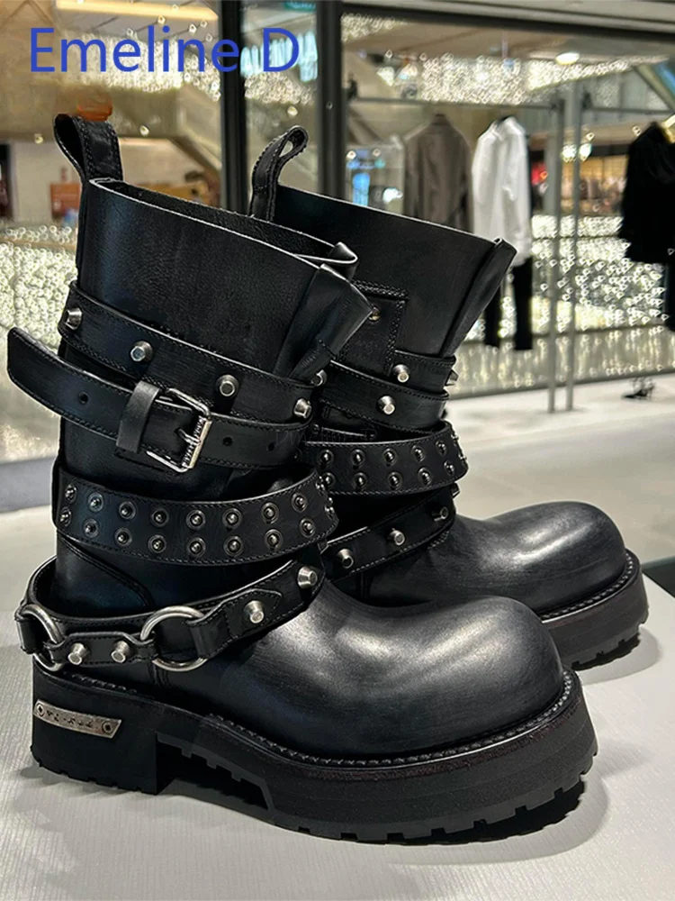 

Round Head Belt Buckle Motorcycle Boots Black Fashionable Upturned Short Boots Rivet Punk Style Thick Soled Knight Boots