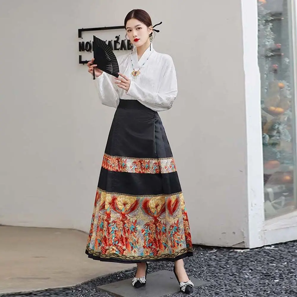 

Bird Print Horse Face Skirt Phoenix Bowknot Tassel Chinese Style Dress Ancient Costumes Modern Style Outfits Ins Hanfu Skirt