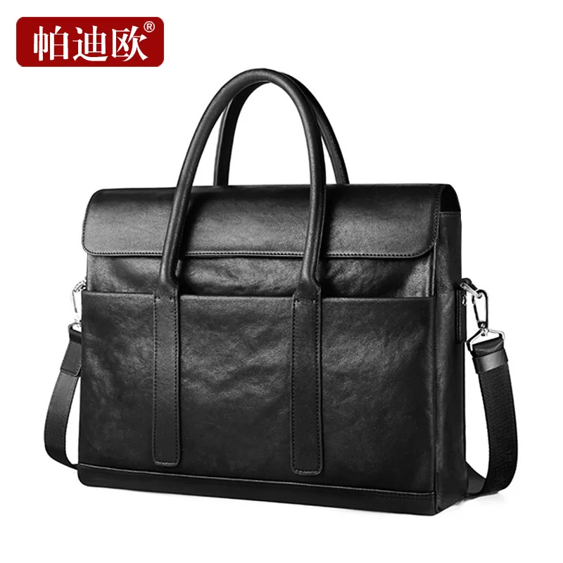 Padieoe Fashion Cowhide Male Business Men Briefcase Bag Luxury Leather Laptop Bag Man Black Handbag Large Capacity Shoulder Bag