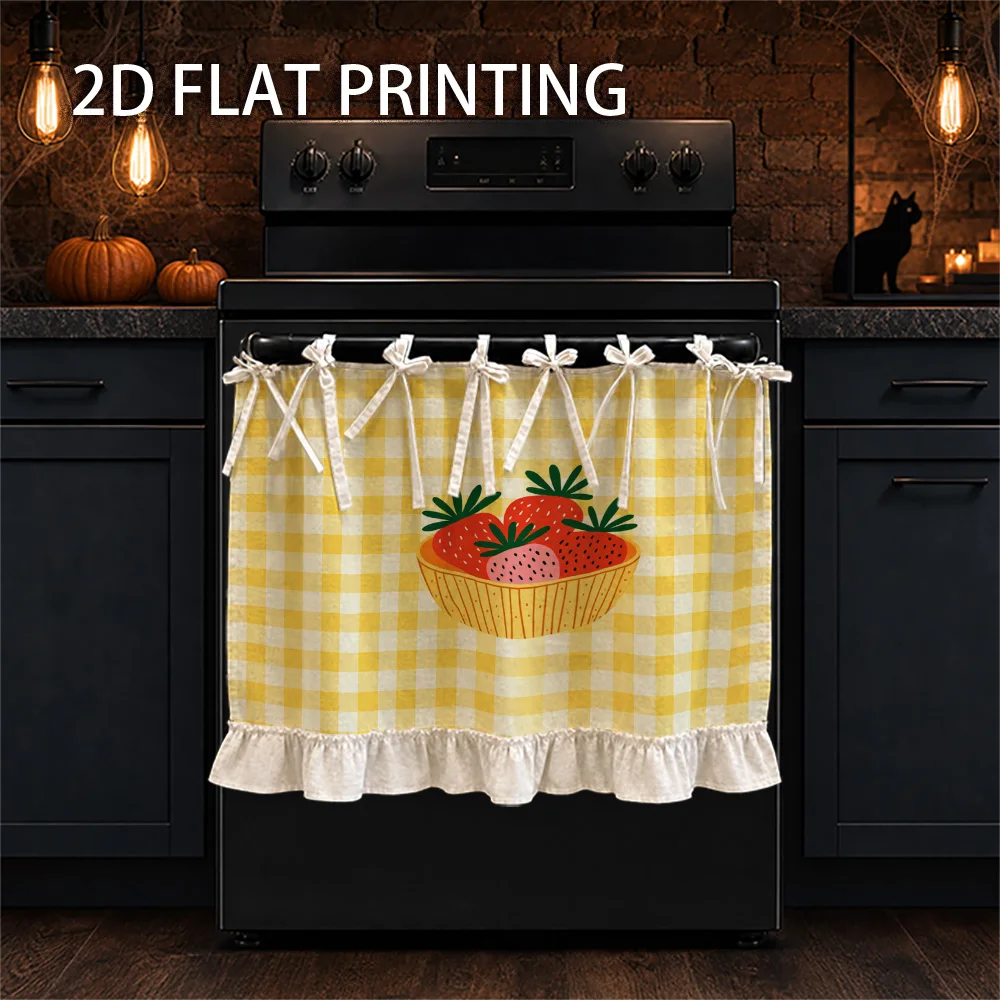 1PC kitchen stove curtain, cabinet curtain and apron. Featuring a 2D graphic design with a strawberry print on a yellow gingham