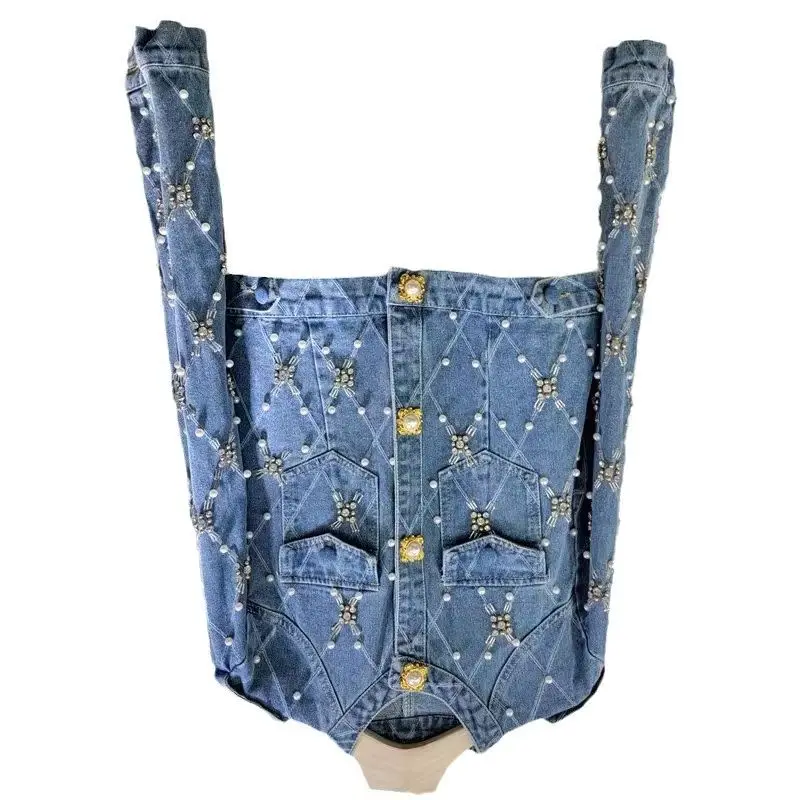 Women's Age Reduction Diamond Foreign Jacket Spring and Autumn Heavy Industry Small Fragrance Lingqui Pearl Denim Cropped Jacket