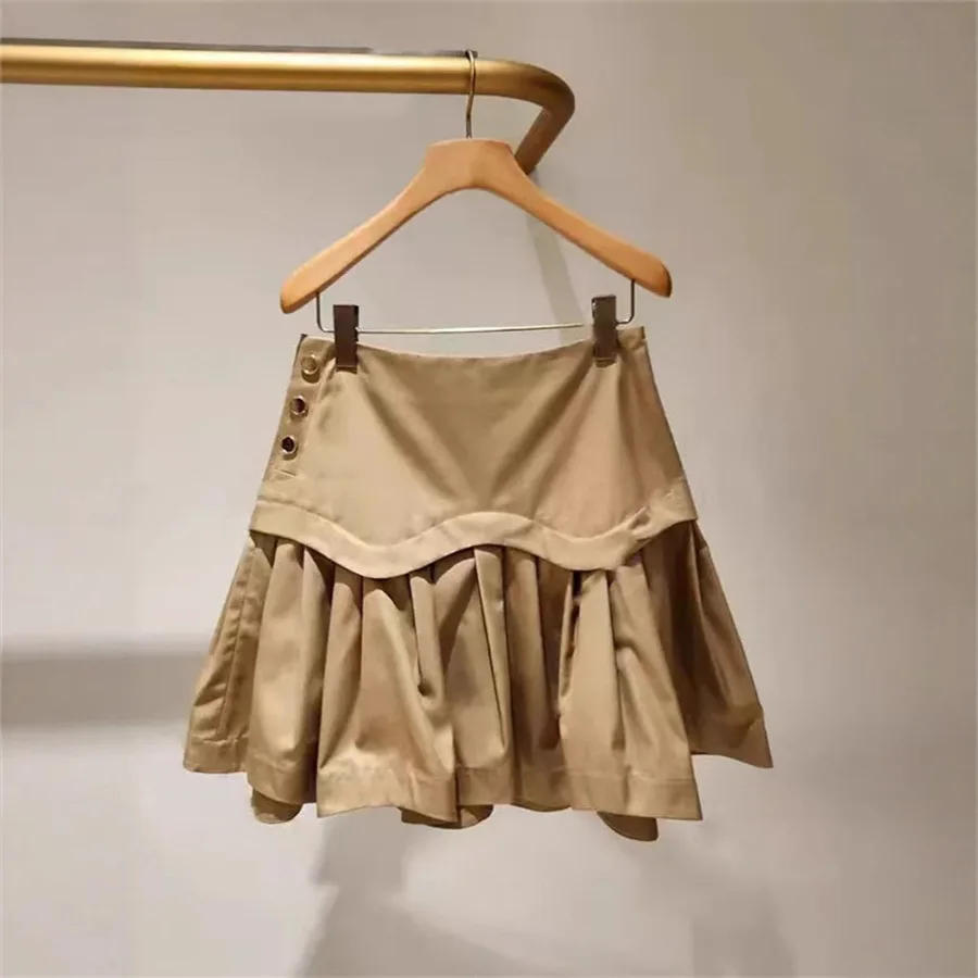 2025 Autumn French Niche Preppy Style Slim-Fit Khaki High-Waisted Tiered Hem Midi Skirt for Women