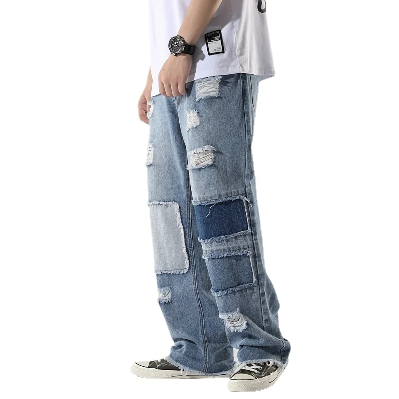 Men's Jeans Holes Loose Straight Old Patch Beggars Pants Hip Hop Trousers High Street Full Length Denim Pants Streetwear Men