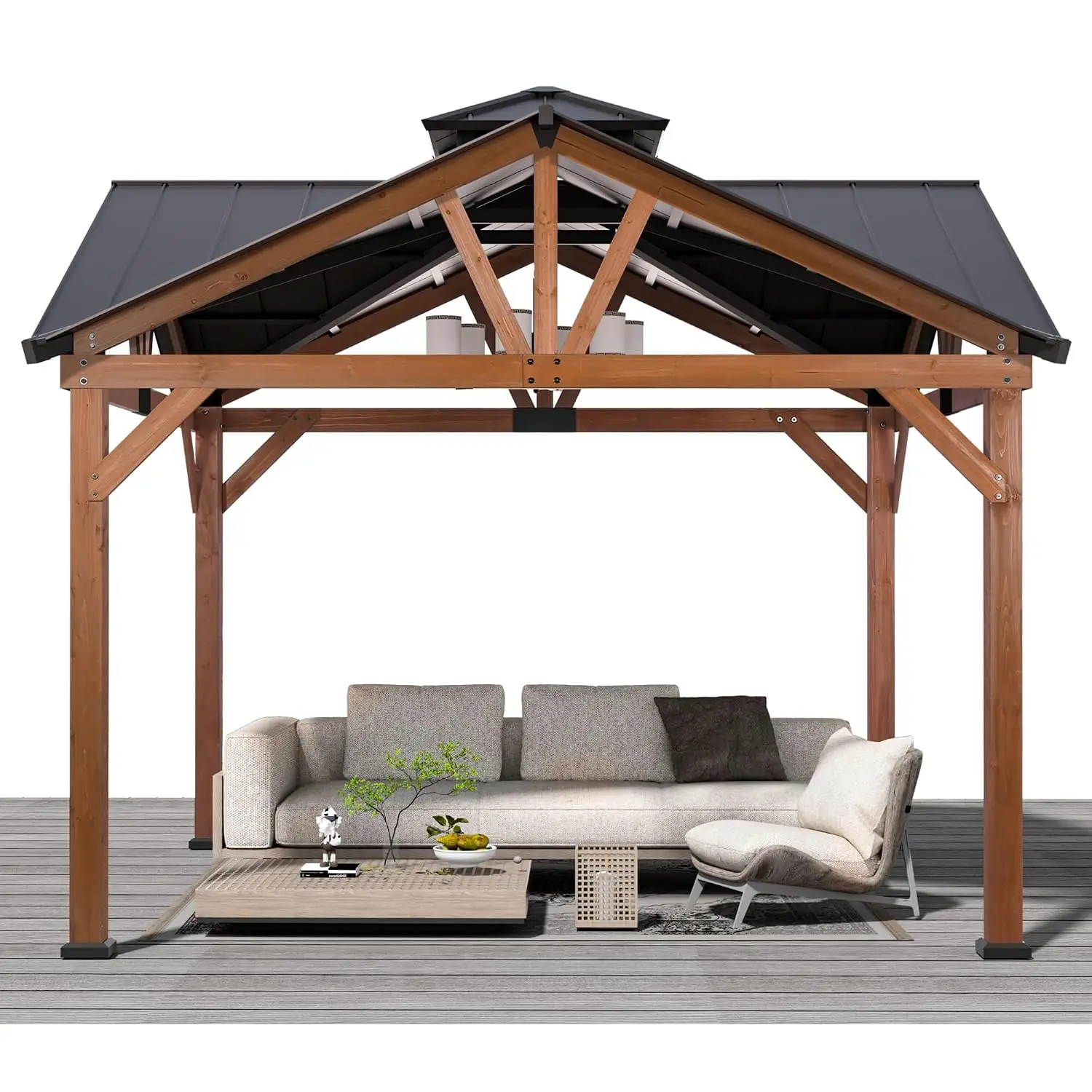 Modern Shade Cedar Wood Gazebo 12’ x 12’, Heavy Duty Hardtop Gazebo with Steel Roof, Water Resistant, Wind, Customized