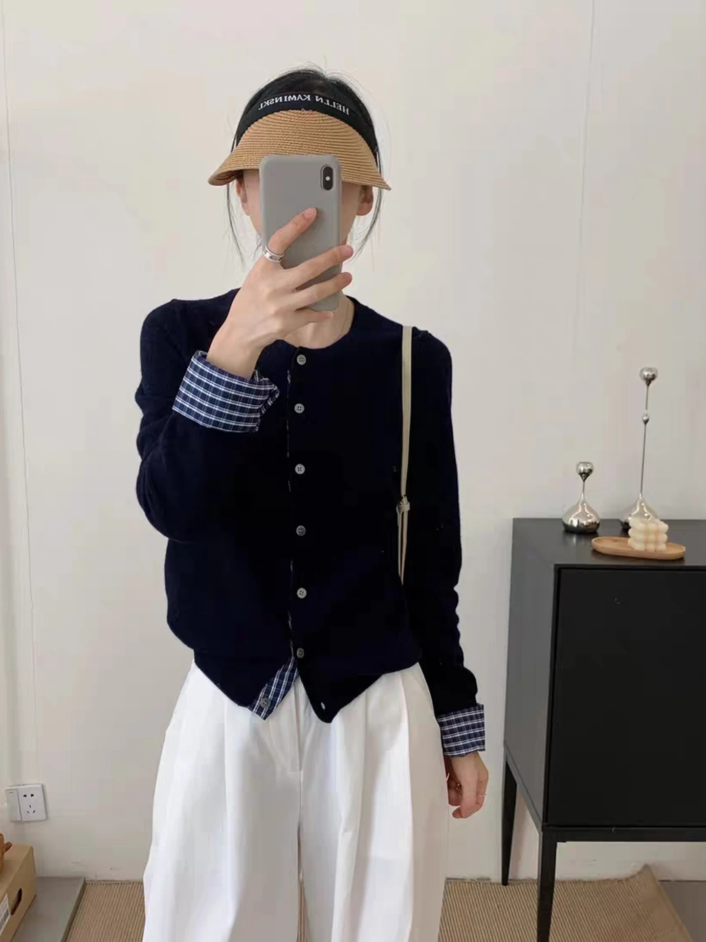 Spring Autumn Plaid Splicing Knitted Cardigan Sweater Women Short Style Casual Loose Feeling Button up Outerwear
