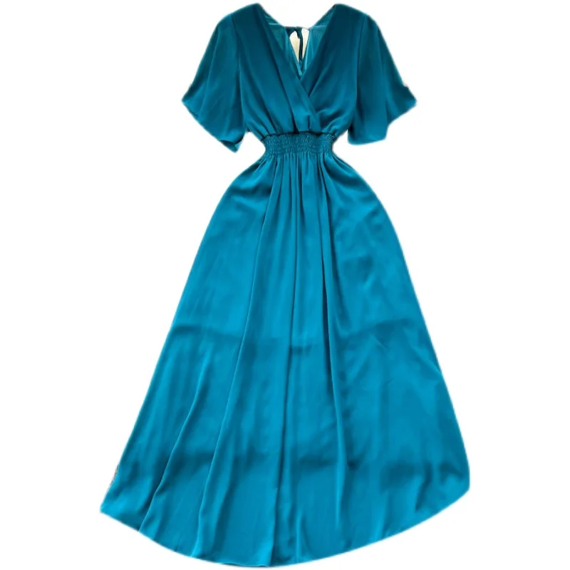 فستان شيفون أنيق برقبة على شكل حرف v للتخسيس لقضاء عطلة الشاطئ الطويلة بخصر عالٍ تنورة على شكل حرف a وأكمام قصيرة لون نقي نمط...