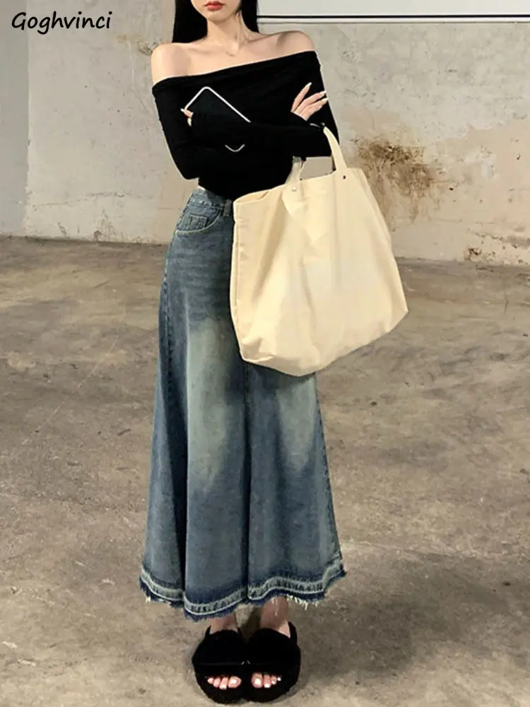 

Denim High Waist Long Skirts Women Distressed Vintage Leisure Students Streetwear New Spring All-match Chic Ins Faldas A-Line