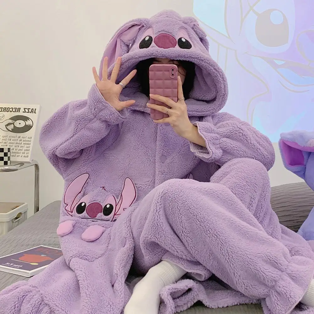 

Kawaii Stitch коралловый бархатный пижамный костюм аниме мультфильм Дисней 2 шт. женская плюшевая зимняя утепленная домашняя одежда теплое спальное платье