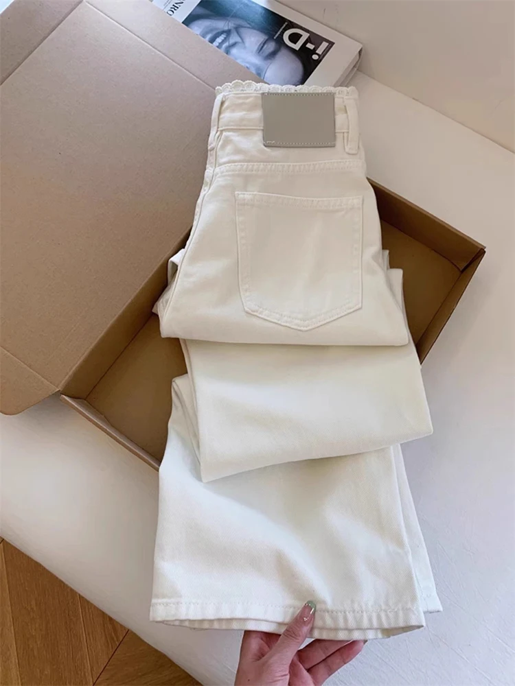 

HighWaist StraightLeg Jeans Lace HighSli White Denims MenWomen SummerAntiAging Versatile WideLeg LongPants Casual Jeans