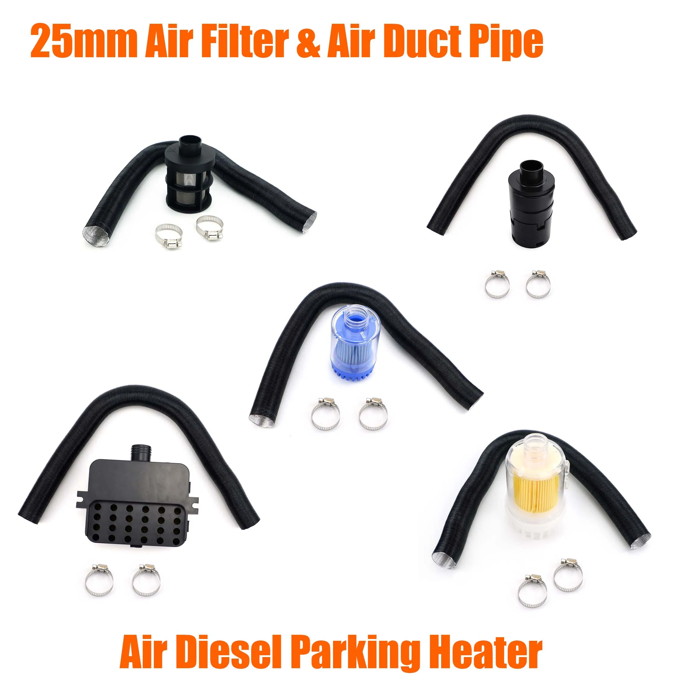 25mm Air Diesel Heater Intake Filter Silencer + Intake Duct Pipe Stretch Length 60cm + 2x Clips For Webasto Eberspacher