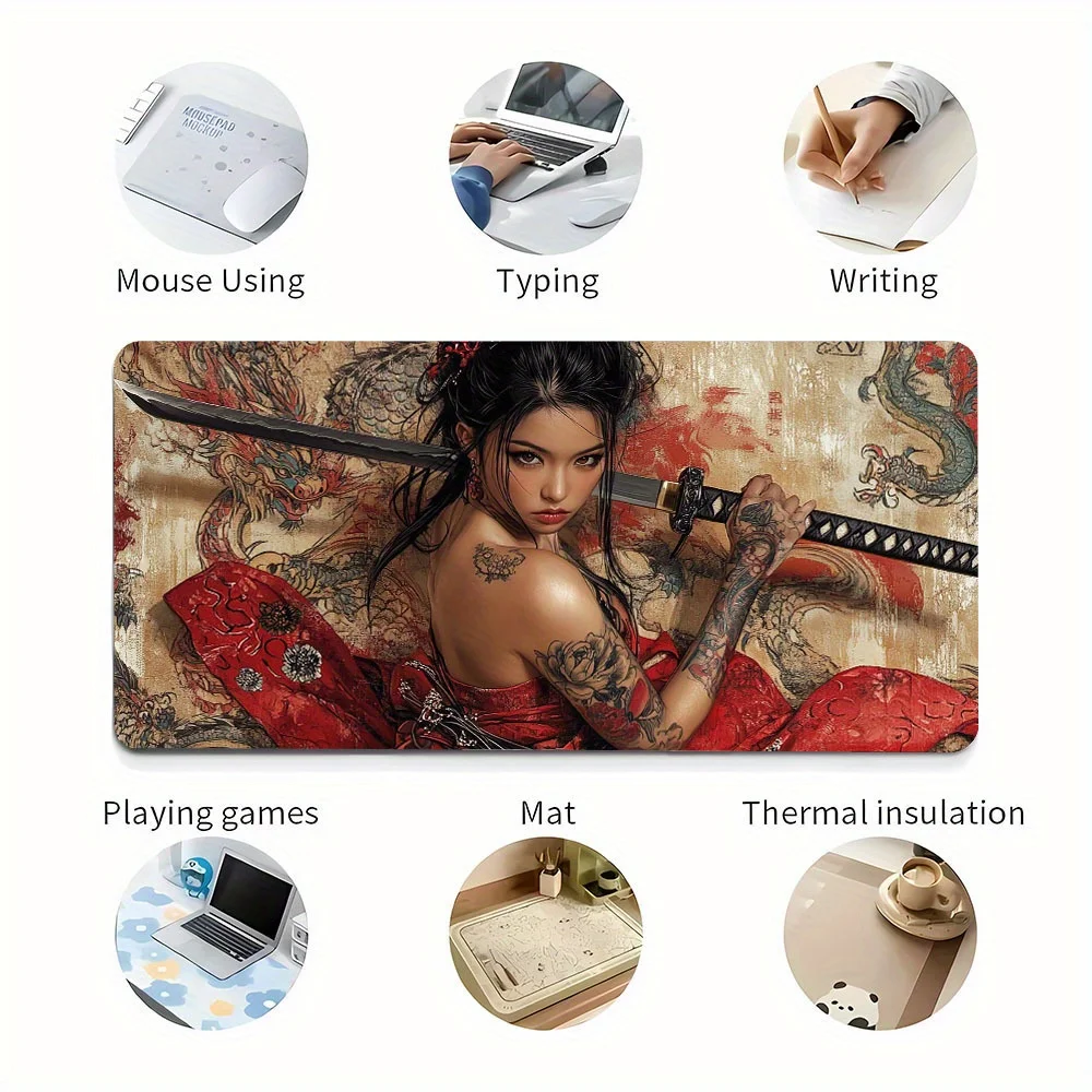 Japanese Kimono Anime Mouse Pad, Dragon Totem Design Red Dress Pattern, Non-Slip Base Comfortable Surface for Office Home Gaming view 3