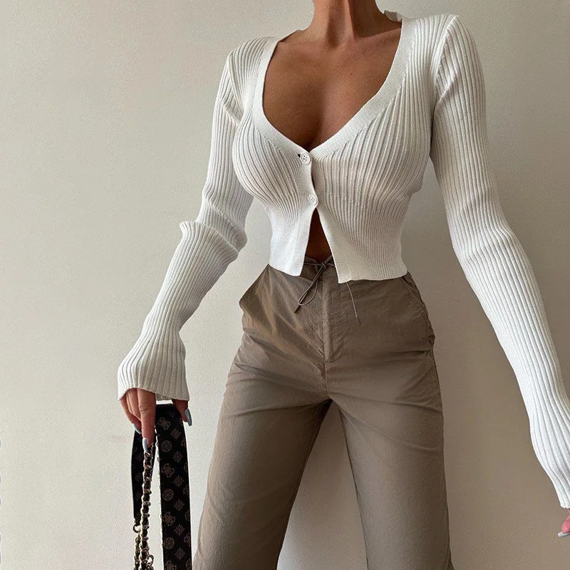 Spring Autumn Ribbed Solid V Neck Long Sleeve Buttons Sweater Tops Women Fashion Clothes Streetwear Wholesale Sweater Cardigan