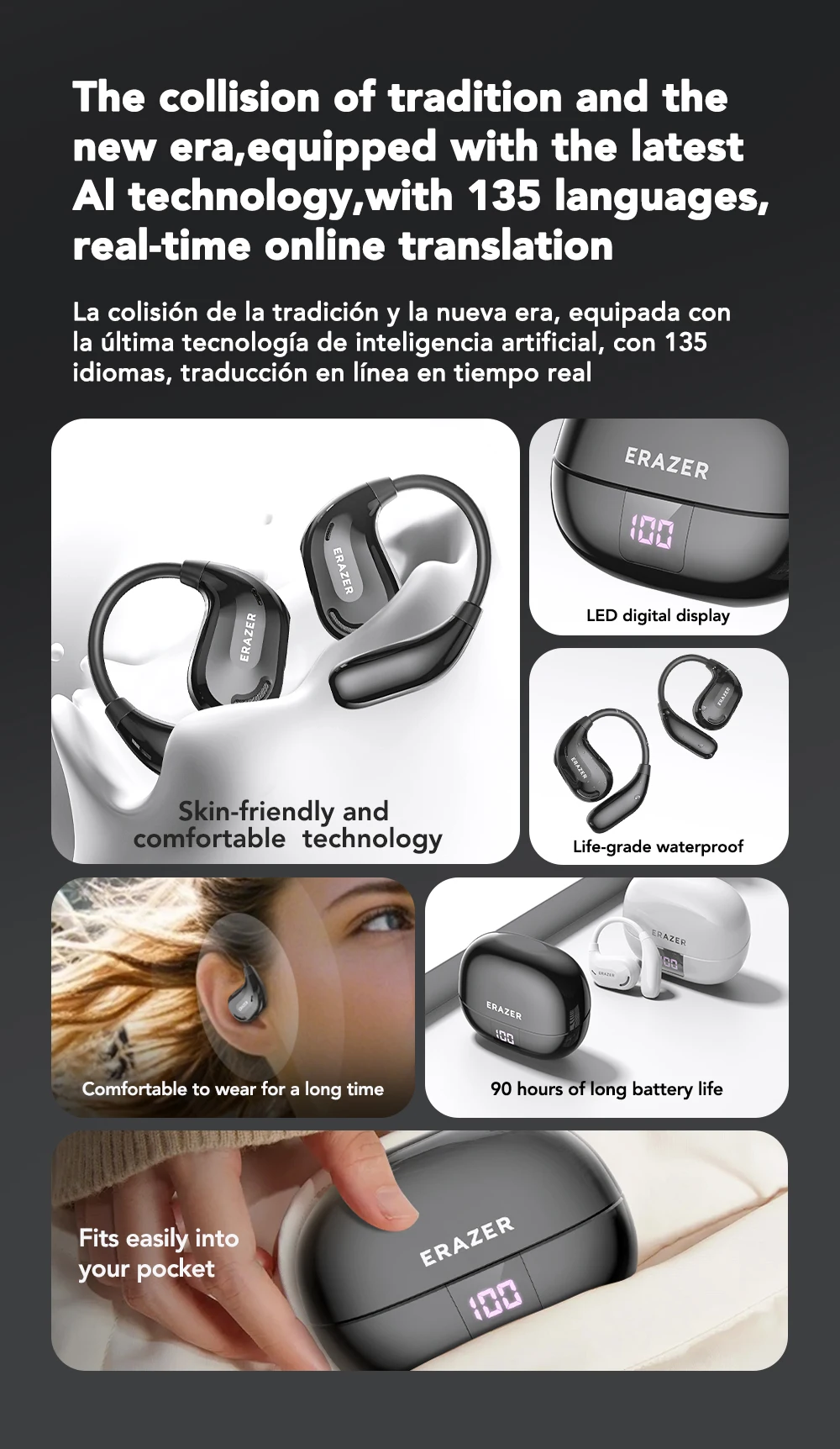 ERAZER XT66PRO Bluetooth-Kopfhörer ASMR-Headsets DIY APP KI-Übersetzer-Ohrhörer Kabellose Kopfhörer 13 Stunden Lange Akkulaufzeit mit Display – Detail 7