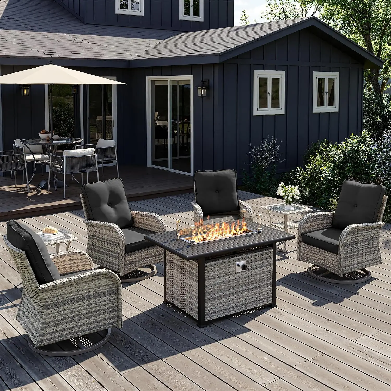 7Pcs Outdoor Wicker Rocker Bistro Set with 55,000 BTU Fire Pit Table & Side Table for Garden Balcony Patio, Dark Grey, Custom