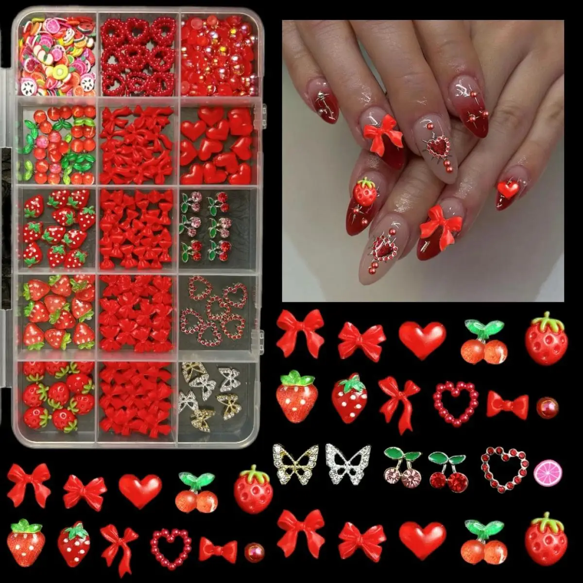 1Box Multi Style Red Resin Bow Nail Charms 3D Alloy Shining Butterfly Hollow Heart Cherry Nail Art Decorations For DIY Crafts