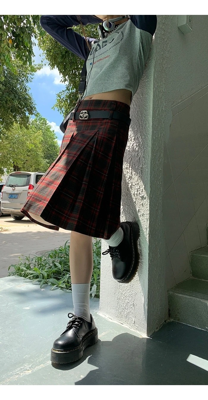 Women's American College Style Red Plaid Pleated Skirt Summer Young Girl Color Contrast Femal A-line High Waist Short Skirt