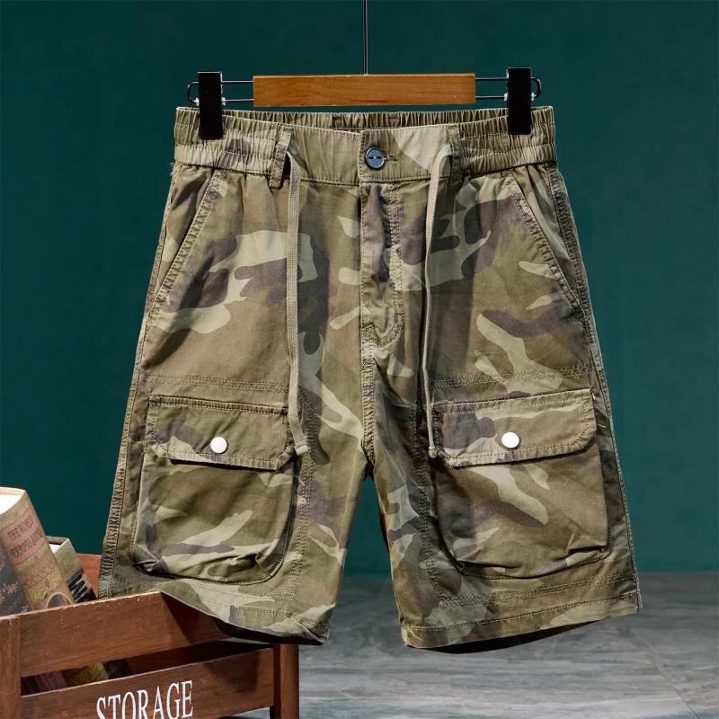 Drawstring elastic waist loose five quarter pants men's summer multi pocket camouflage workwear shorts