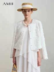 Amii Minimalist 2025 Autumn New Round Neck Bead Piece Webbing Fringed Texture Jacket Shoulder Padded Elegant Short Top 12541160