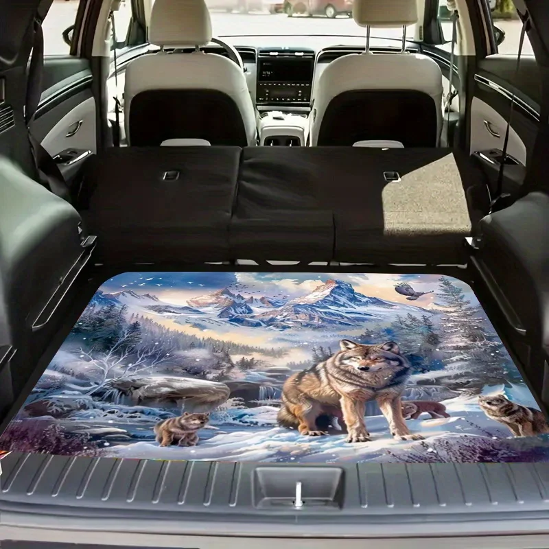 1 Snowy Wolf Print Polyester Car Trunk Mat - Soft, Durable, Non-Slip, Machine Washable SUV And Car Cargo Liner, Easy-to-Clean In