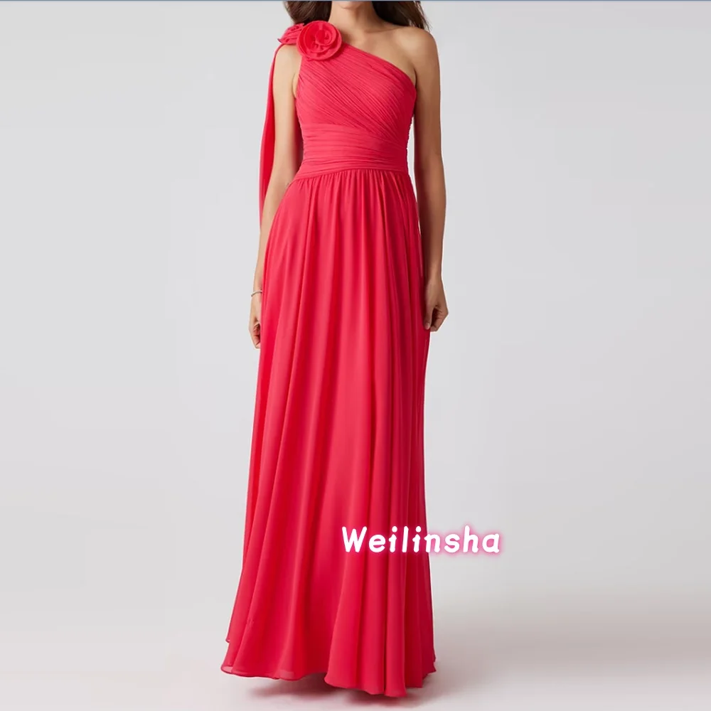 

Customized Exquisite Pink Flower Pleated Mother of The Bride Dress One-shoulder Pleated Draped Wedding Guest Gowns