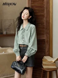 MISHOW Vintage Green Blouse Women French Lapel Bow Lace-up Top 2024 Autumn Sweet Shirt Sleeve Outwear Commute Shirts MXD44C0337