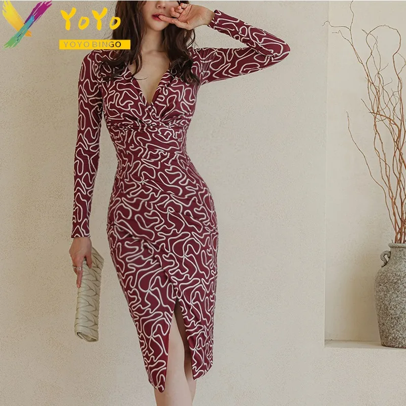 

Formal Red Striped Print V-neck Front Split Dress Women 2023 Autumn/Winter Fashion Elegant Slim Bodycon Chic Work Dress