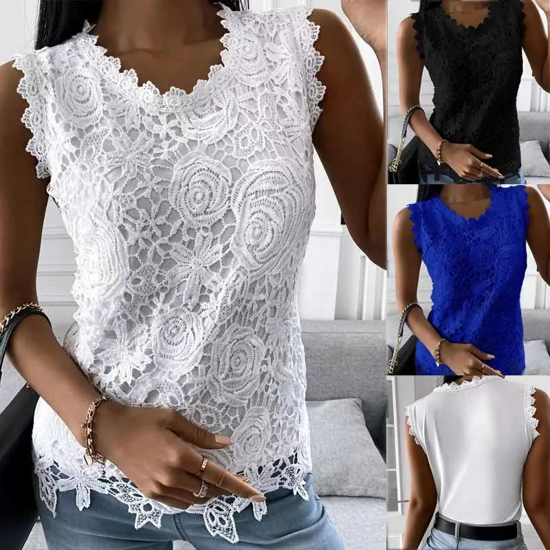 

Summer Sleeveless Flowers Lace Shirt Round Neck Solid Color Blouse Vintage Vest Casual Plus Size 5Xl Loose Woman Clothing
