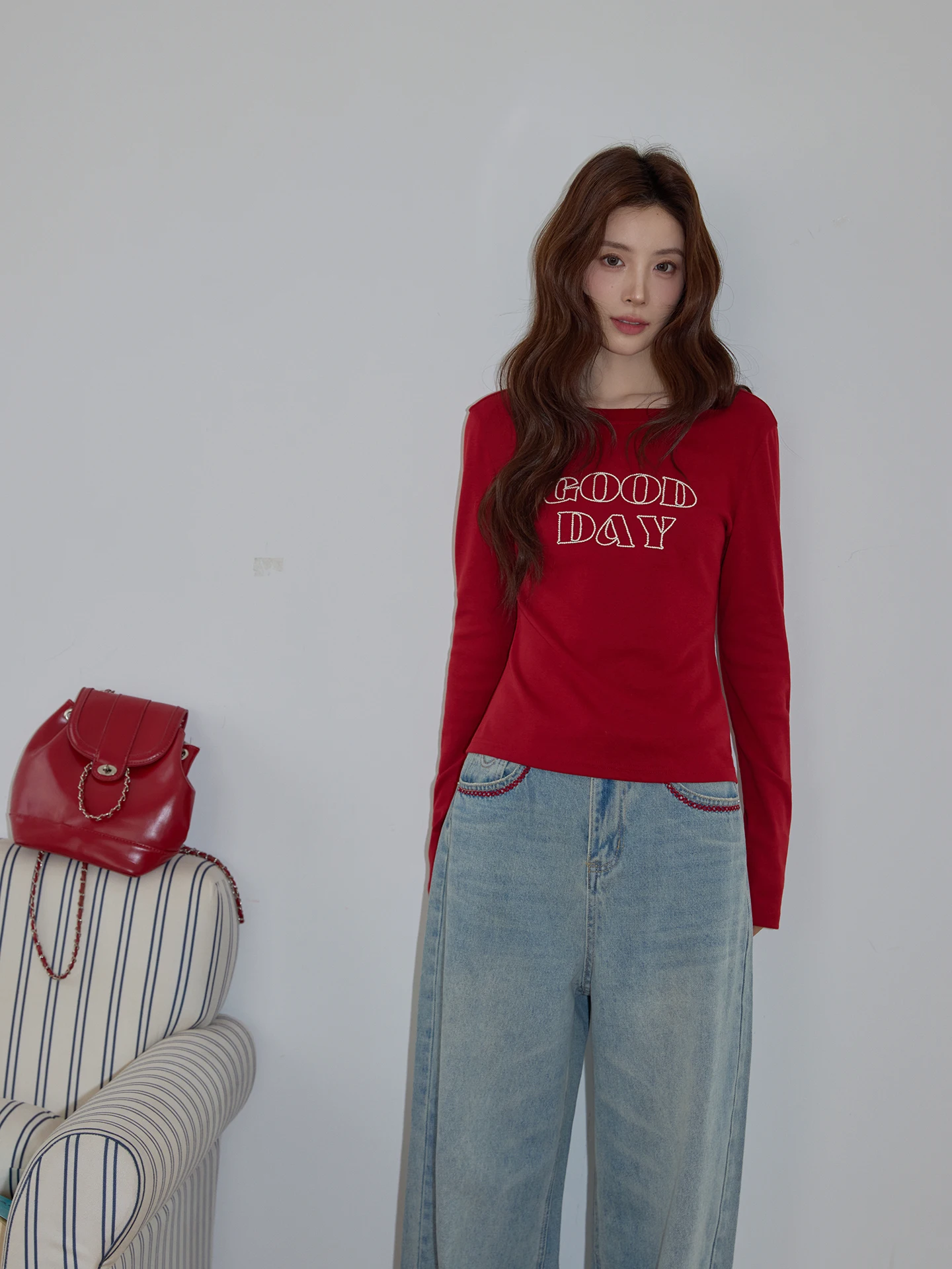 

Red Embroidered Long Sve round Ne Slim Fit T-irt for Women Spring Season Commute Sle Korean Version Ciwalk irt