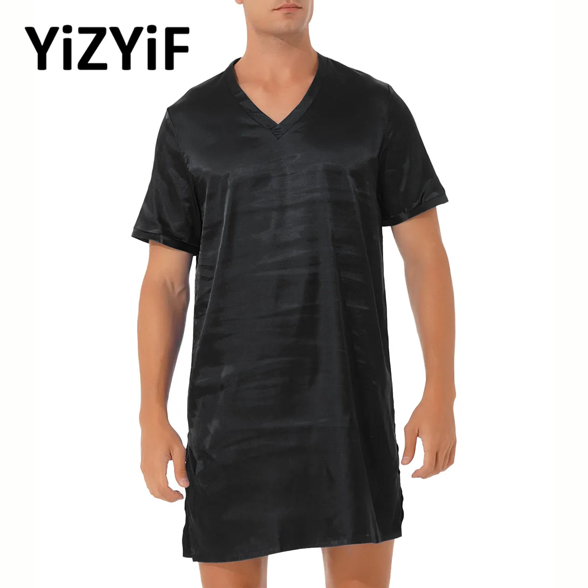 Sleepwear Mens Silk Satin Nightshirt Short Sleeve Sissy Pajamas Nightgown Night Shirts Lighweight Loungewear