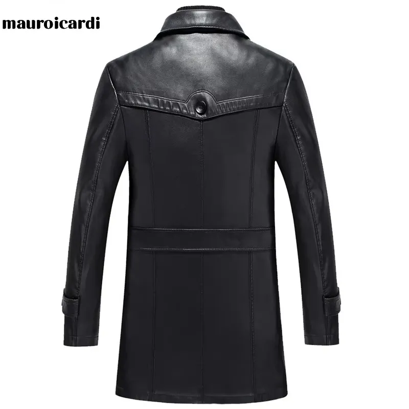 Mauroicardi Spring Autumn Long Black Leather Blazers Men Belt Plus Size Waterproof Windproof Pu Leather Coat for Men 3xl 4xl 5xl