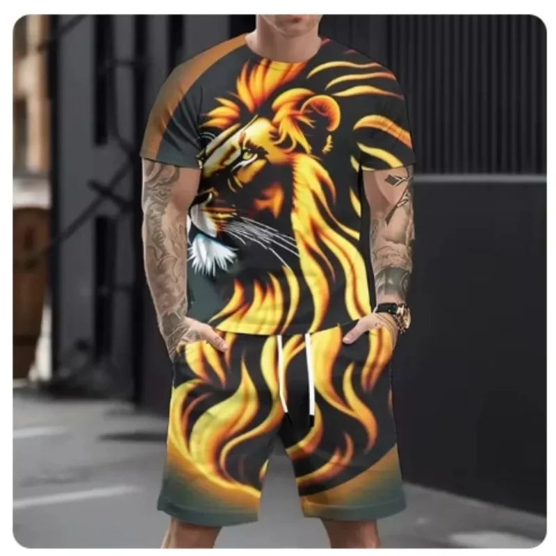 2025 hot selling refreshing style summer casual breathable ultra loose men's top men's casual 3D printed wolf pattern sports set